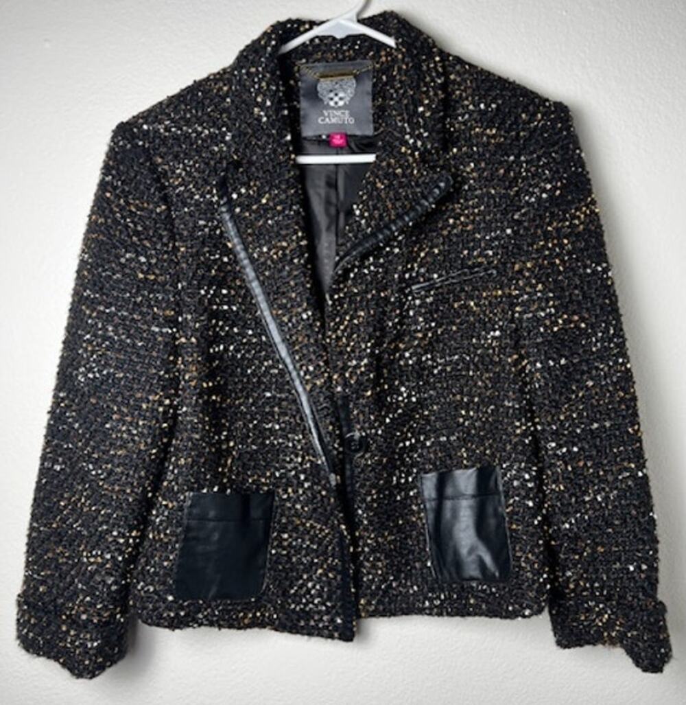 Vince Camuto Black Gold Metallic Tweed Moto Style Jacket 14